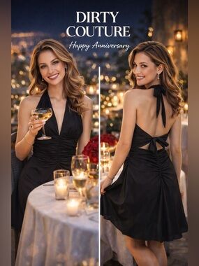 Dirty Couture Black Halter Ruched Open Back Fit Flare Cocktail Dress,EUC, Size 8